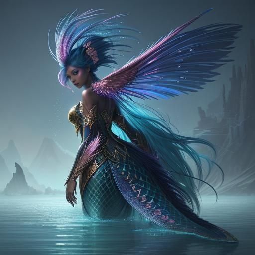 Mermaid with Pink Peacock Tail, Detailed Digital Art