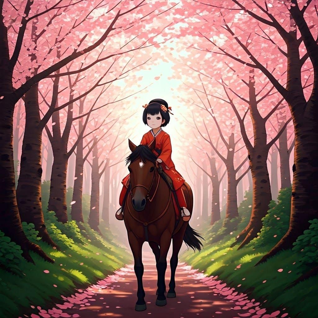 Geisha on Horseback Through Cherry Blossom Forest
