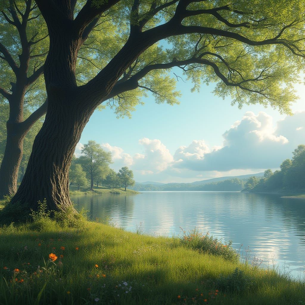 Majestic Gnarled Trees Beside Serene Lake