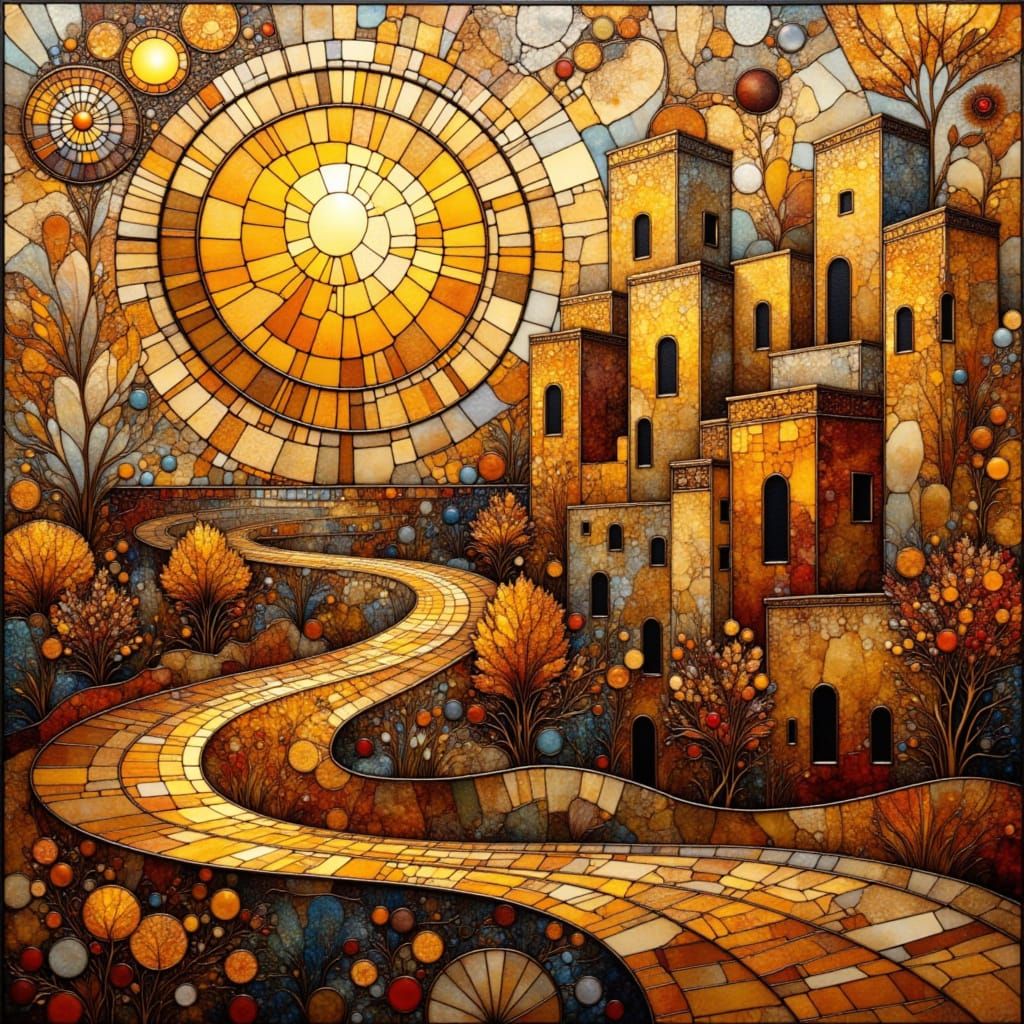 Kintsugi Cityscape at Sunset in Folk Nouveau Style