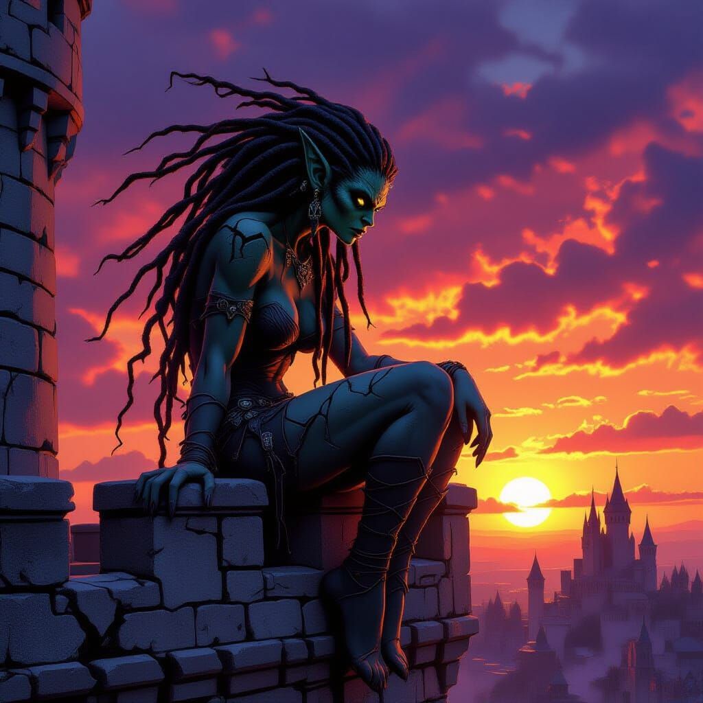 Female Gargoyle at Sunset, Dark Fantasy Art