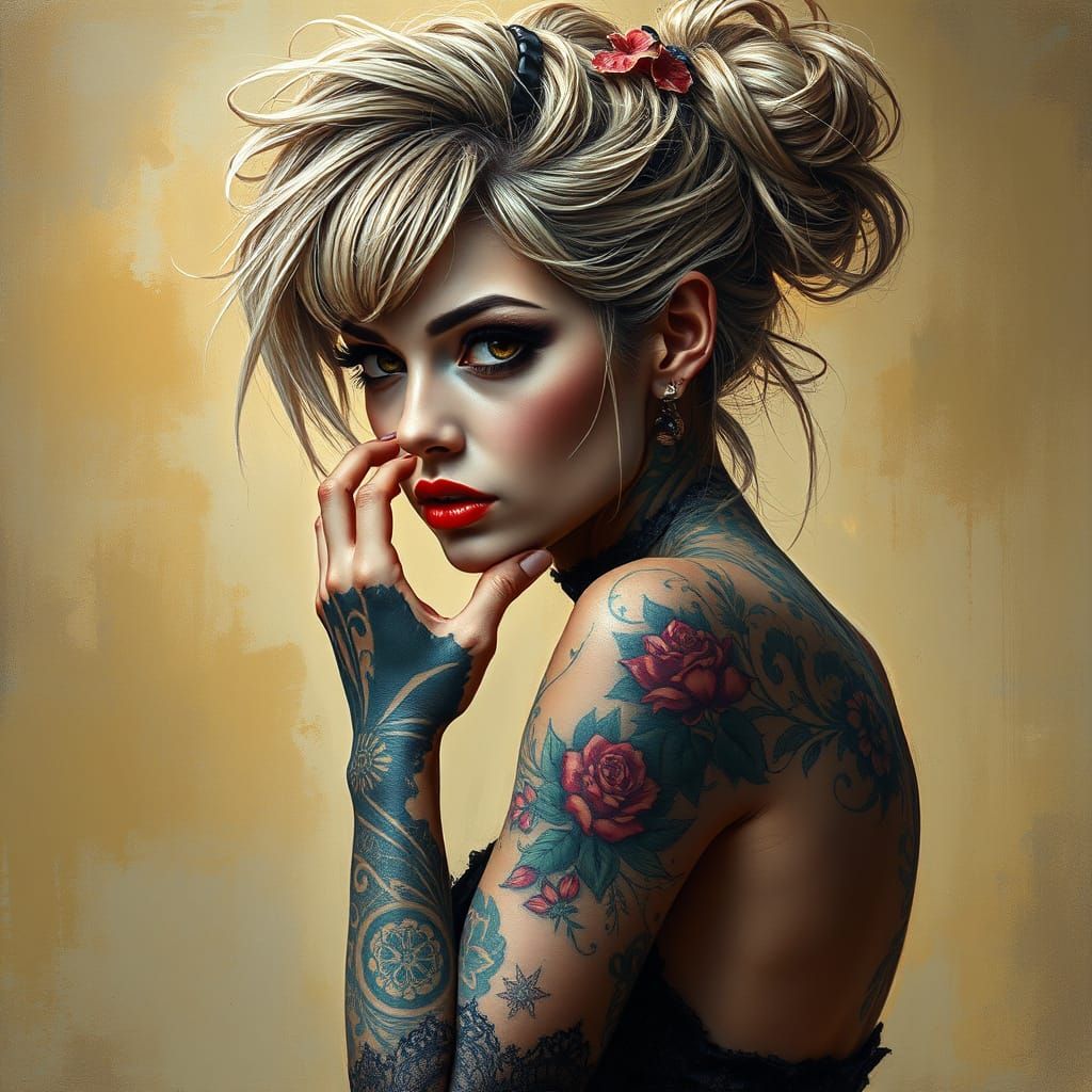 Tattooed Woman in Punk Rock Impasto Oil Painting