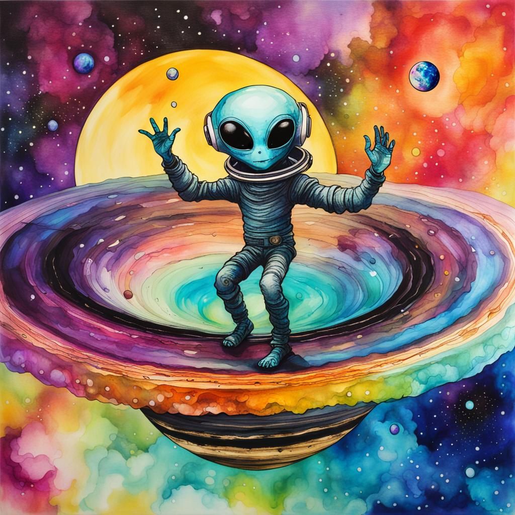 Alien Disco Dance on Saturn in Alcohol Ink Style