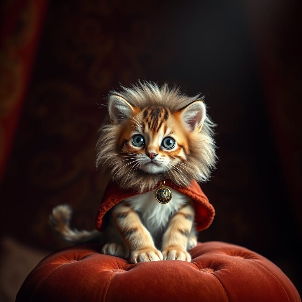 Adorable Kitten in Regal Lion Costume on Velvet Cushion