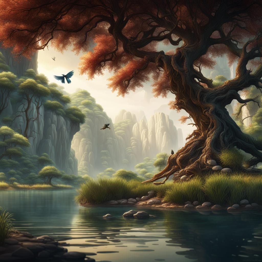 Zhuangzi's Dream by River in Detailed Matte Painting