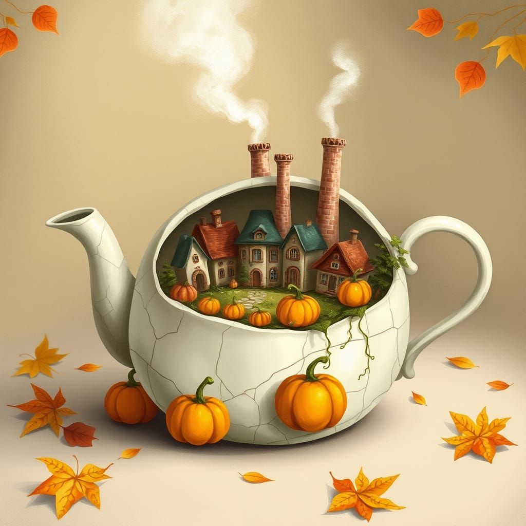 Whimsical Village Inside a Teapot in Storybook Style