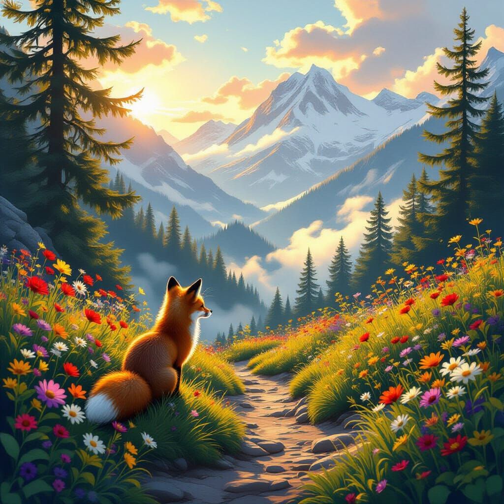 Fox on Mountain Path with Wildflowers in Fantasy Realism