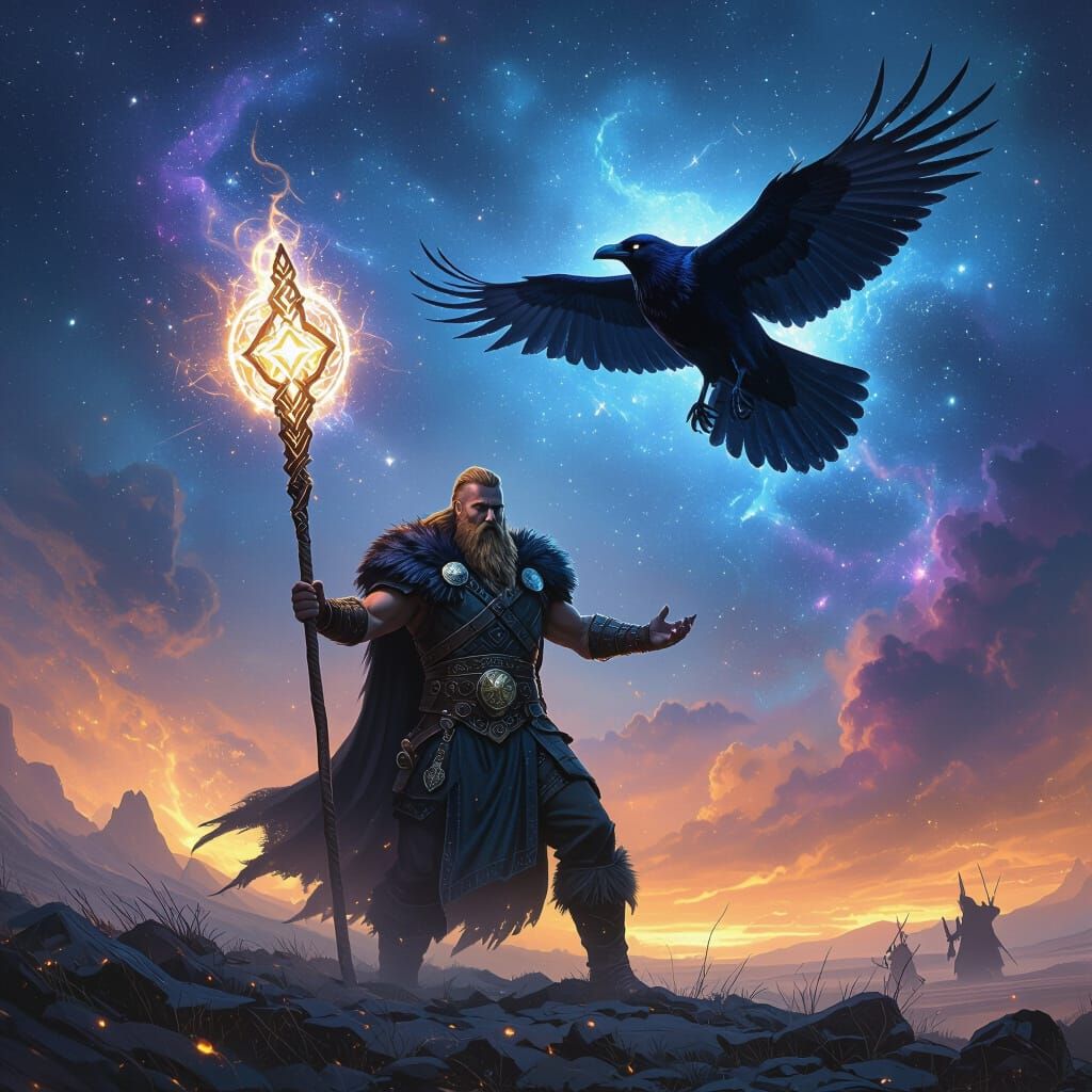 Viking Warrior with Rune Staff and Starlight Raven