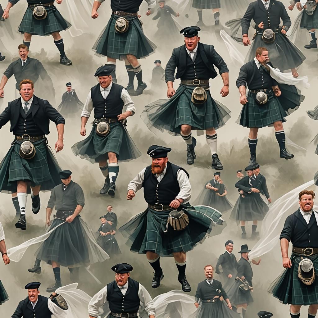 Burly Scotsmen in Tulle Kilts Fluttering in Wind