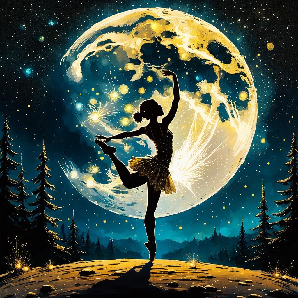 Ballerina Dances on Moonlit Stage with Golden Sparkles