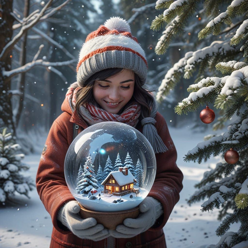 Festive Cat in Winter Wonderland with Colorful House and Sno...