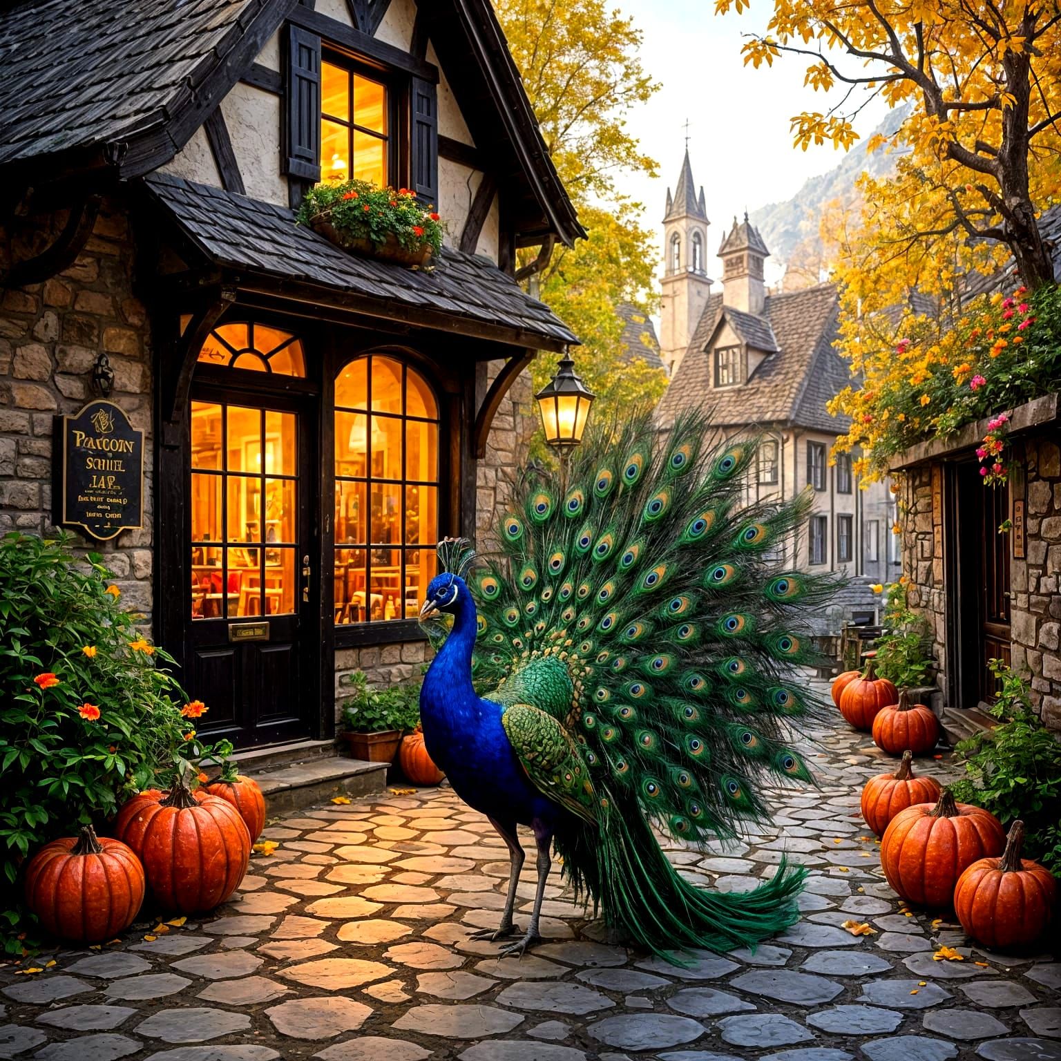 Vibrant Peacock Outside English Tavern on Autumn Day