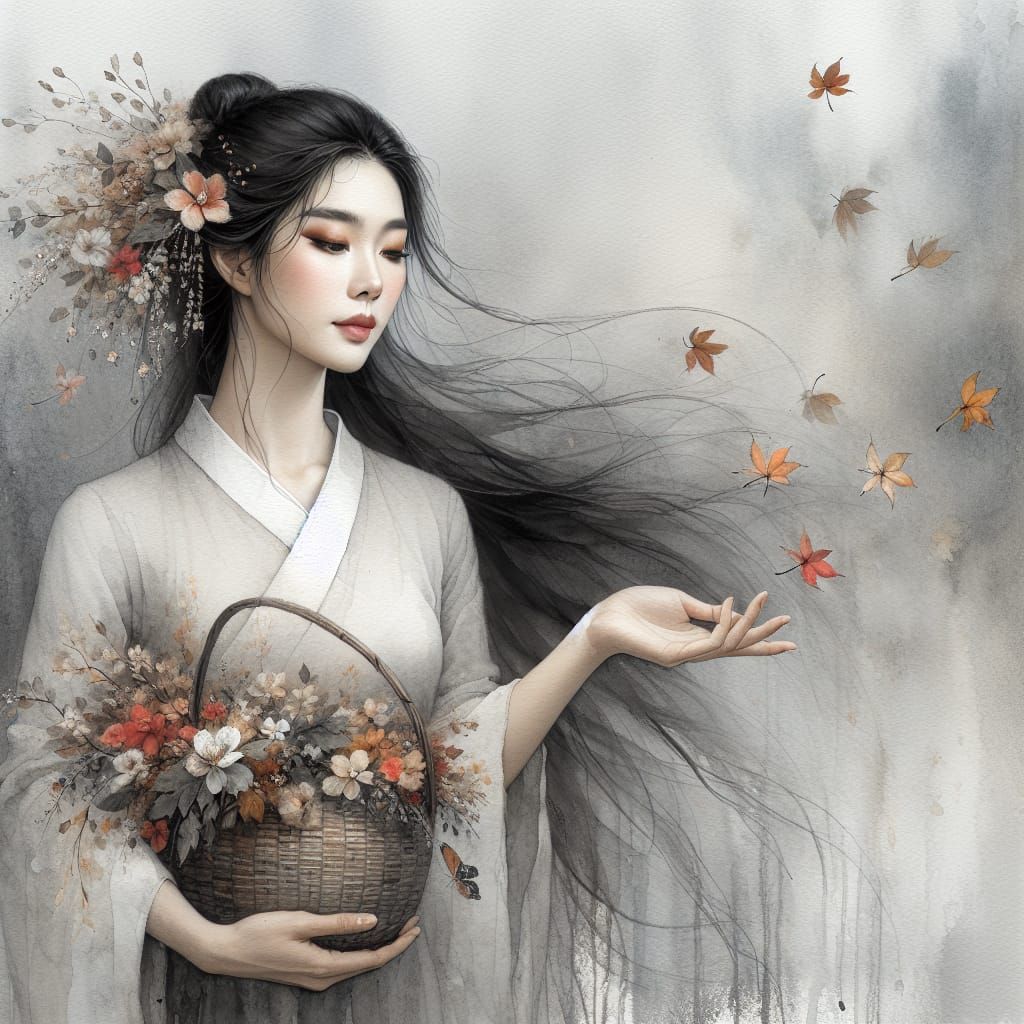 Ethereal Asian Woman with Autumn Flowers in Watercolor