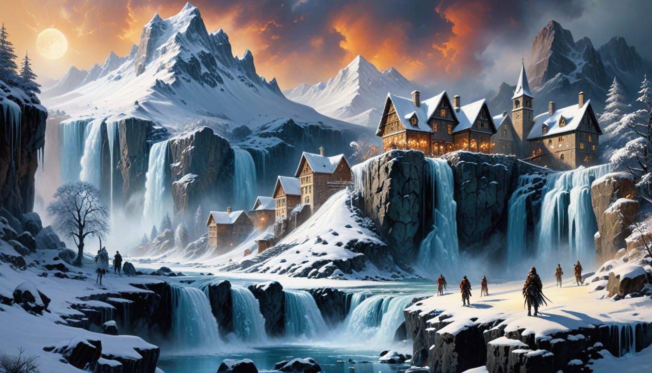 Surrealist Snowy Town Captured in Vibrant Oil Painting