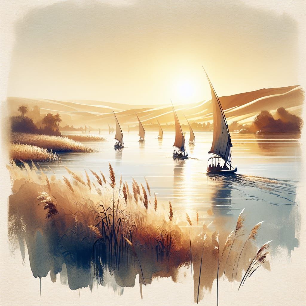 Nile Feluccas Race at Golden Hour in Watercolor Style
