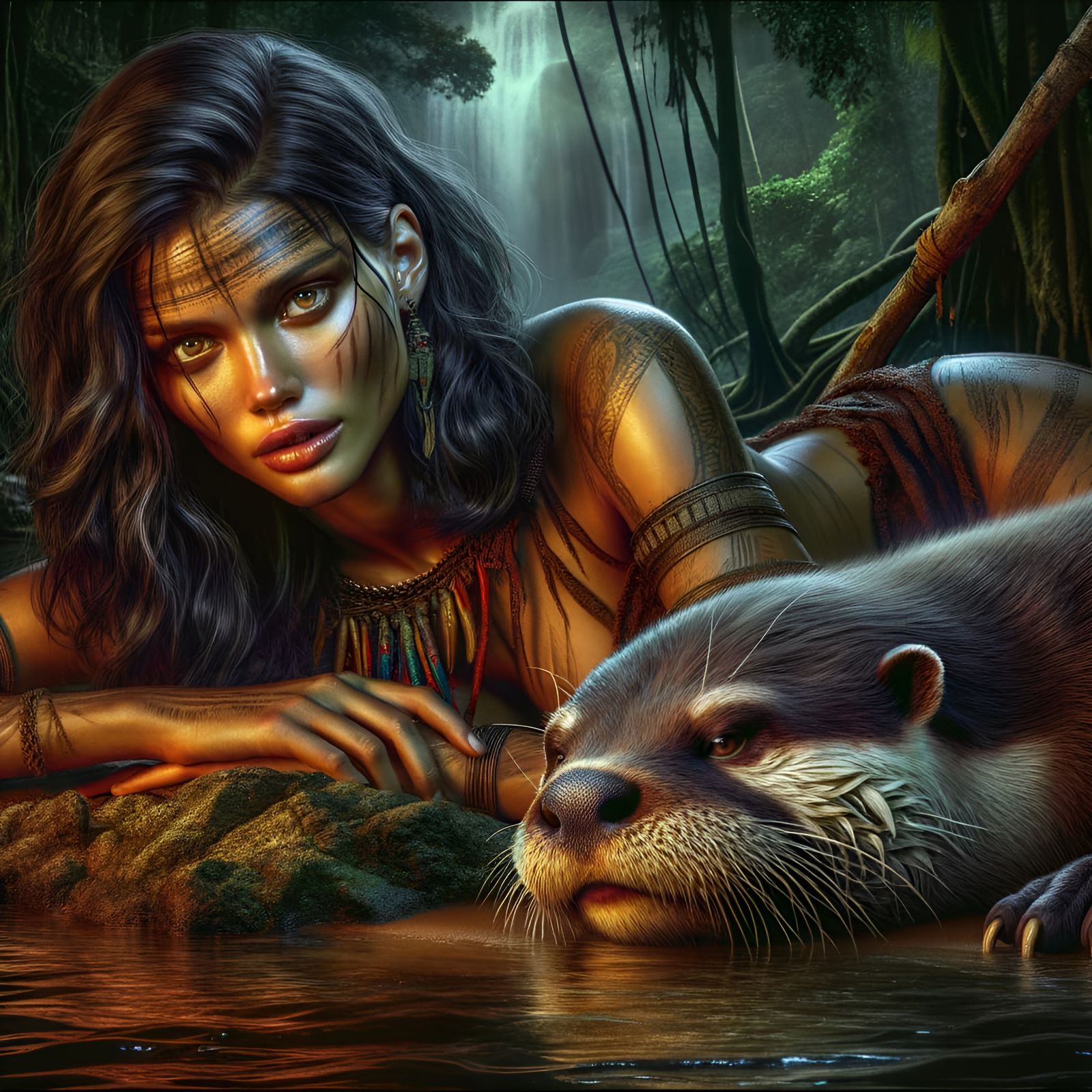 Amazonian Huntress with Otter Companion: A Color Sketch