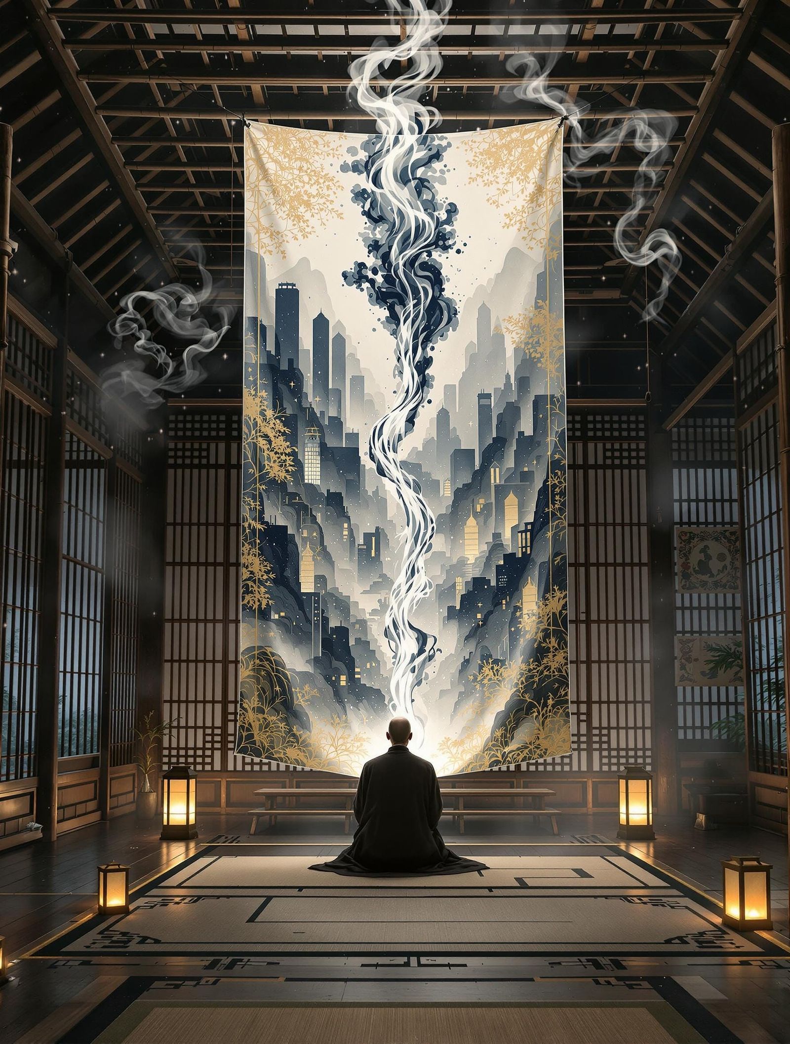 Ink-Adorned Monastery Transcendence in Suminagashi Style