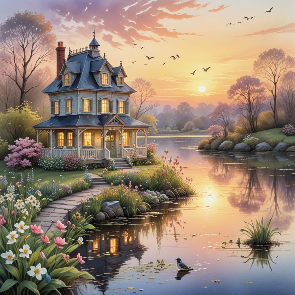 Grand Country House at Dawn with Spring Blooms