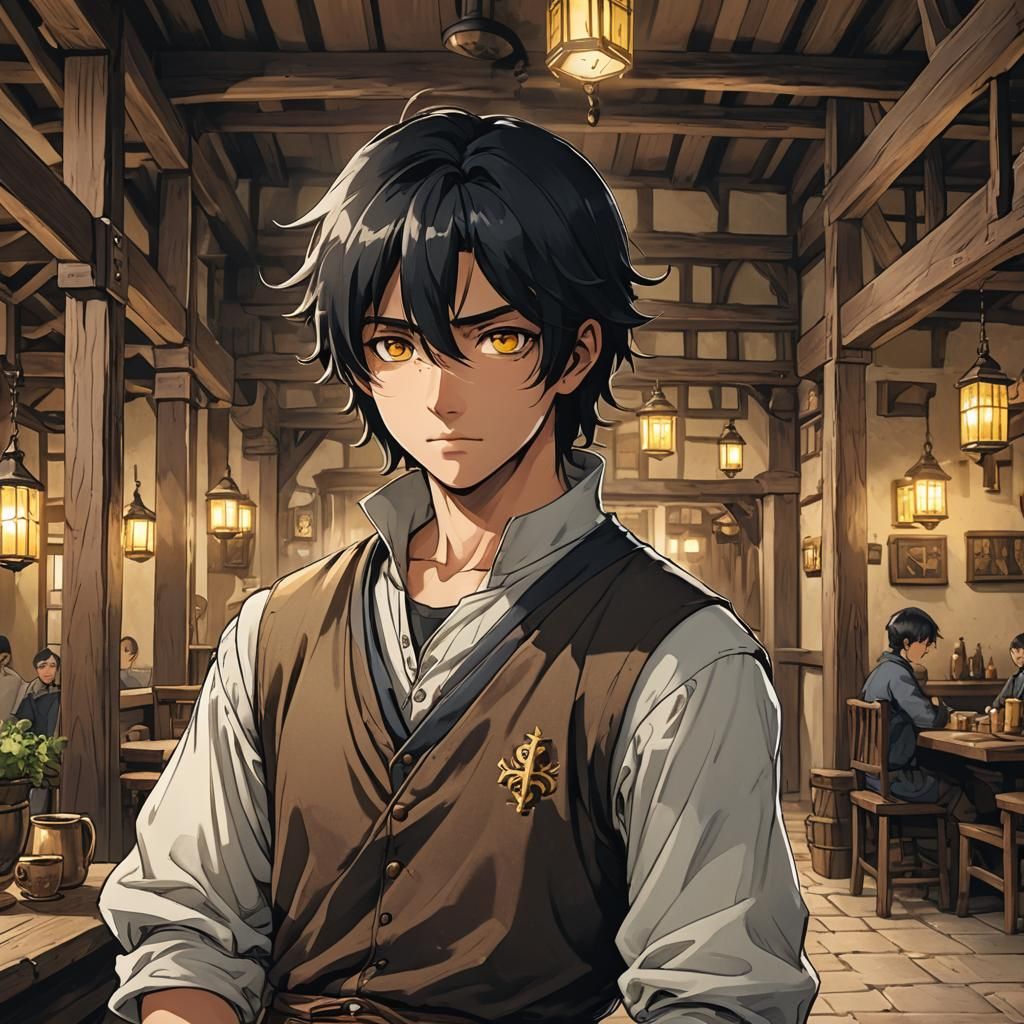 Medieval Youth with Piercing Yellow Eyes in Anime Style