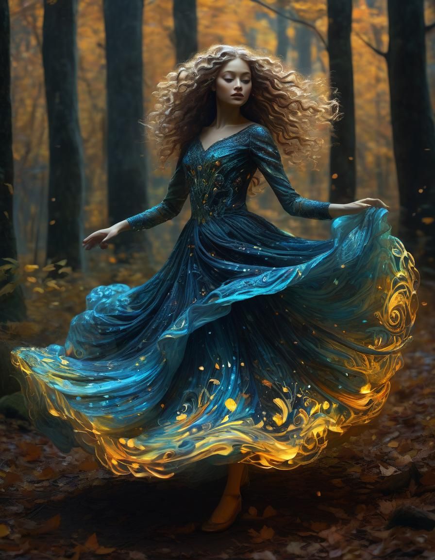 Bioluminescent Dancer in Autumn Forest Painting