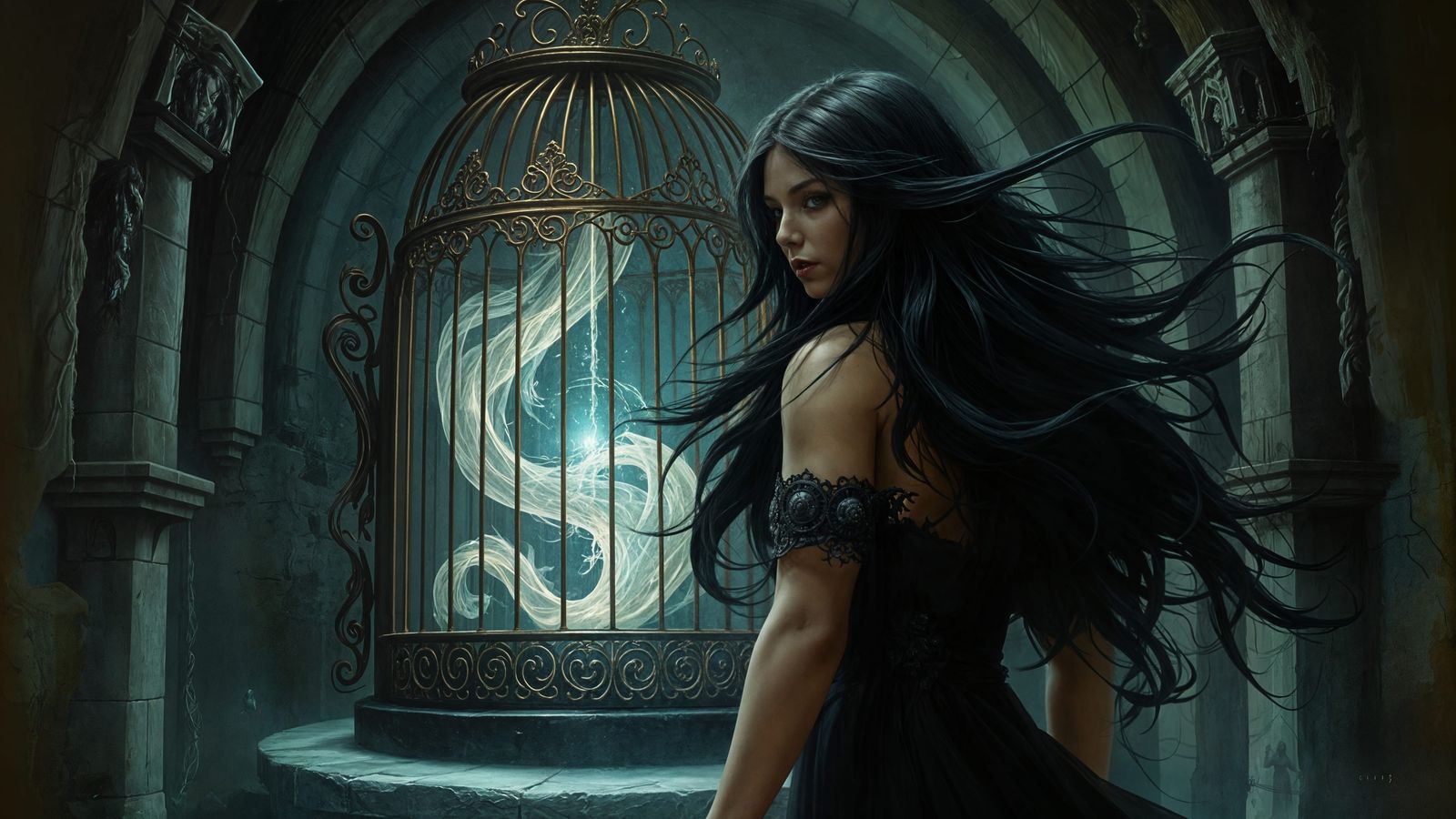 Mystical Woman Before Ornate Cage in Dark Fantasy Style
