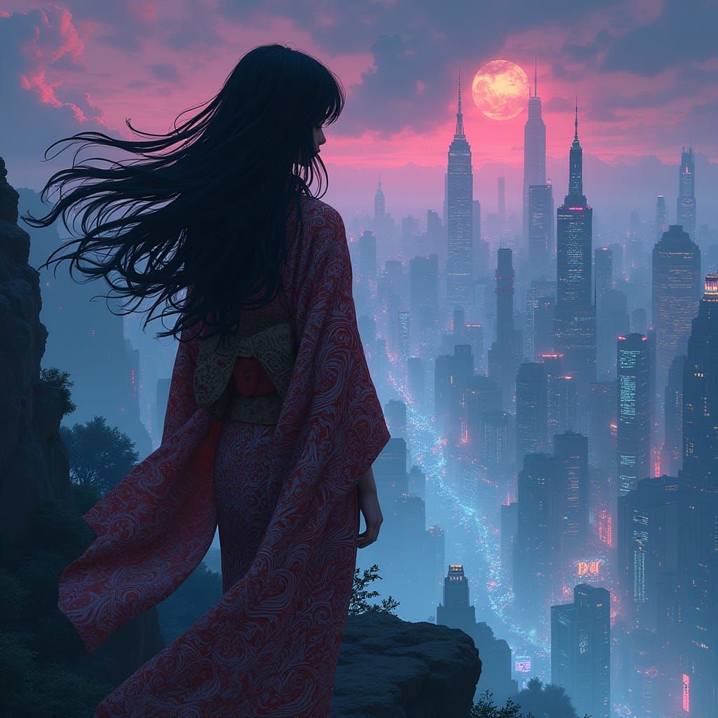 Ethereal Woman Stands at Edge of Neon City in Cyberpunk Styl...