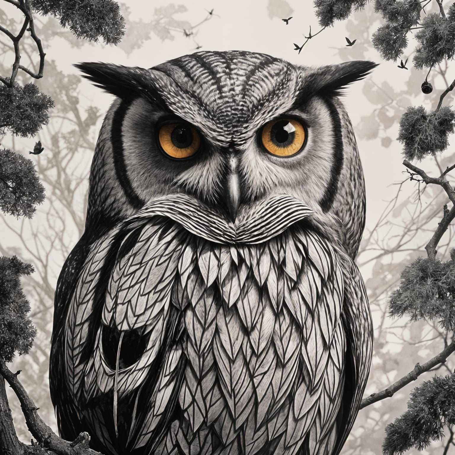 Owl in Charcoal Drawing Style with Bokeh Lighting