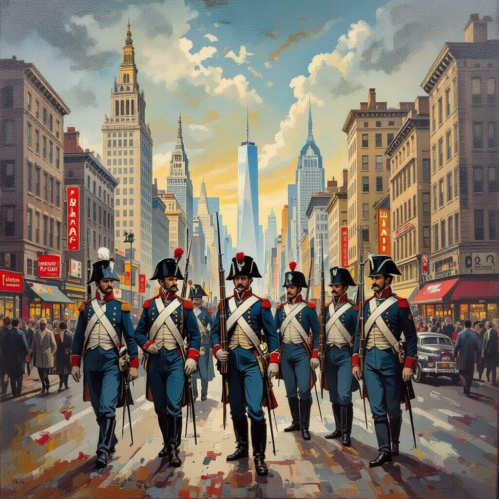 Napoleonic Soldiers in Modern City, Surreal Matte Painting