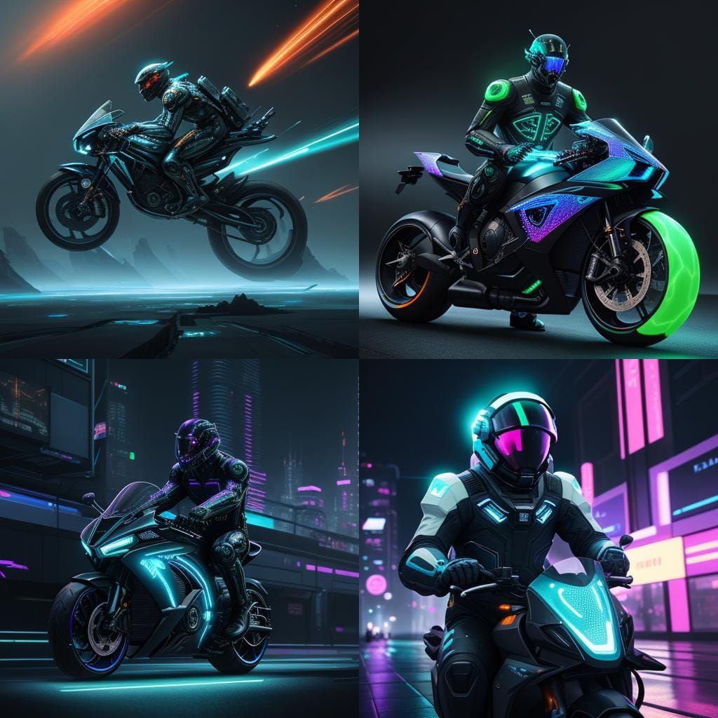 Futuristic Holographic Rider on Cyberpunk Motorcycle