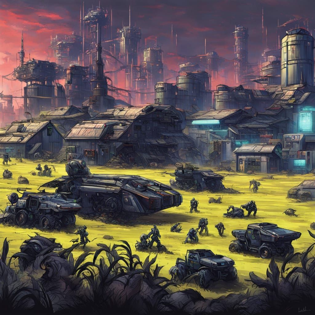 Cyberpunk Alien Farm Under Siege