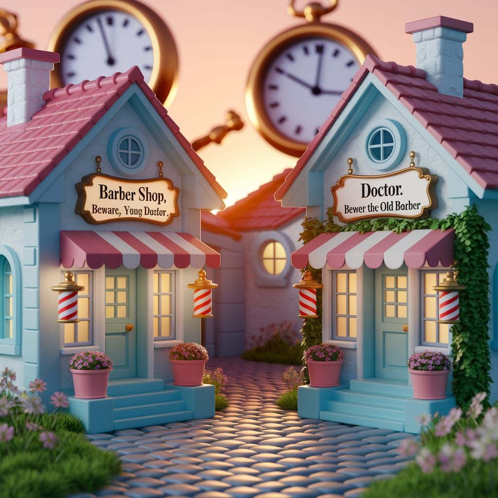 Enchanted Village Street Scene with Barber and Doctor Shops