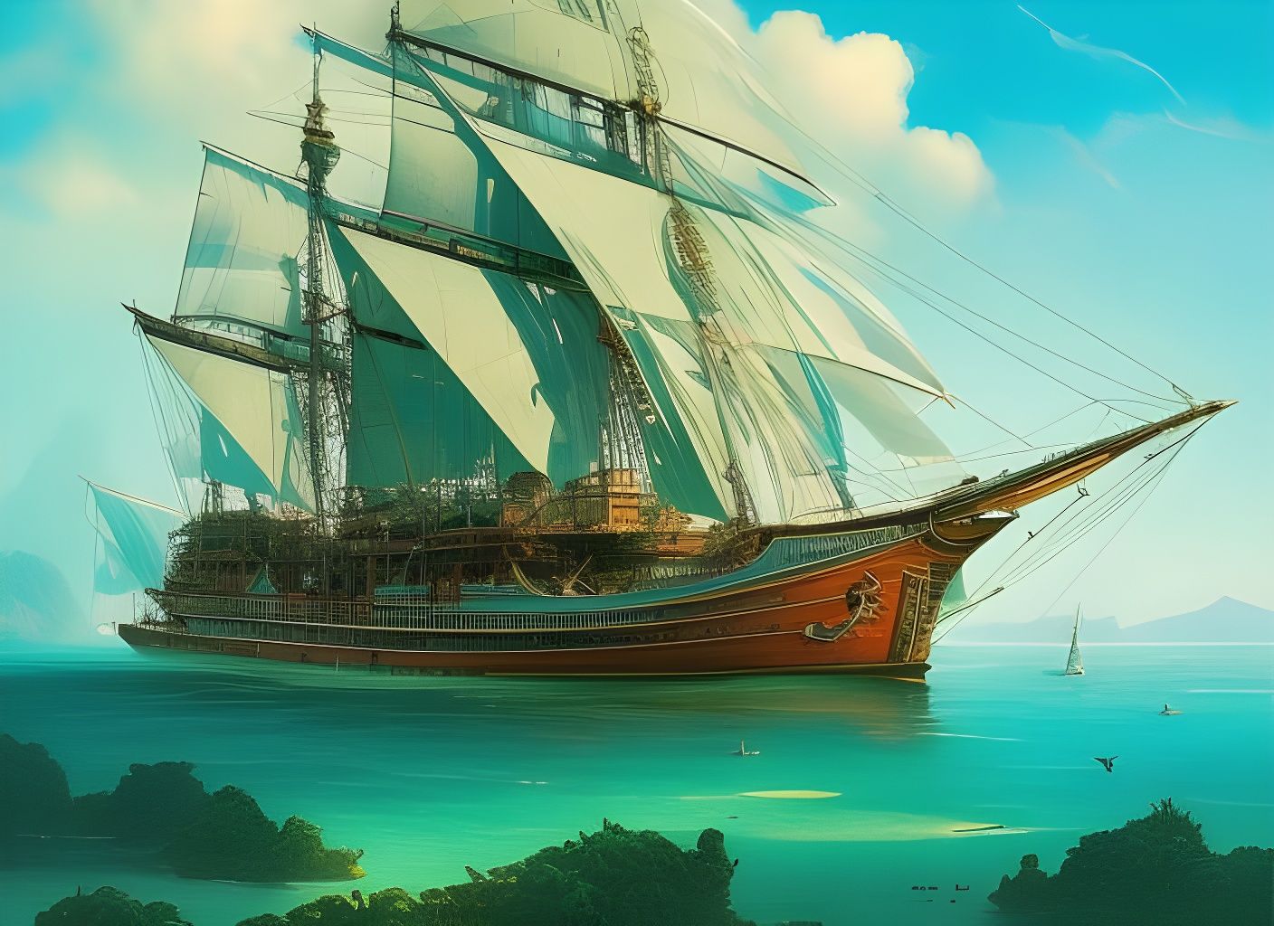 Classic Yacht in Tropical Lagoon Watercolor Art