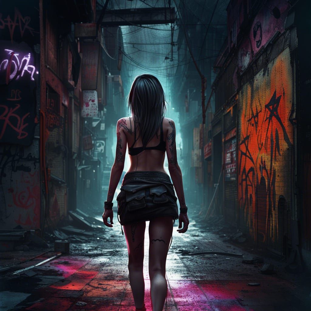 Cyberpunk Girl Walking in Dark Alley