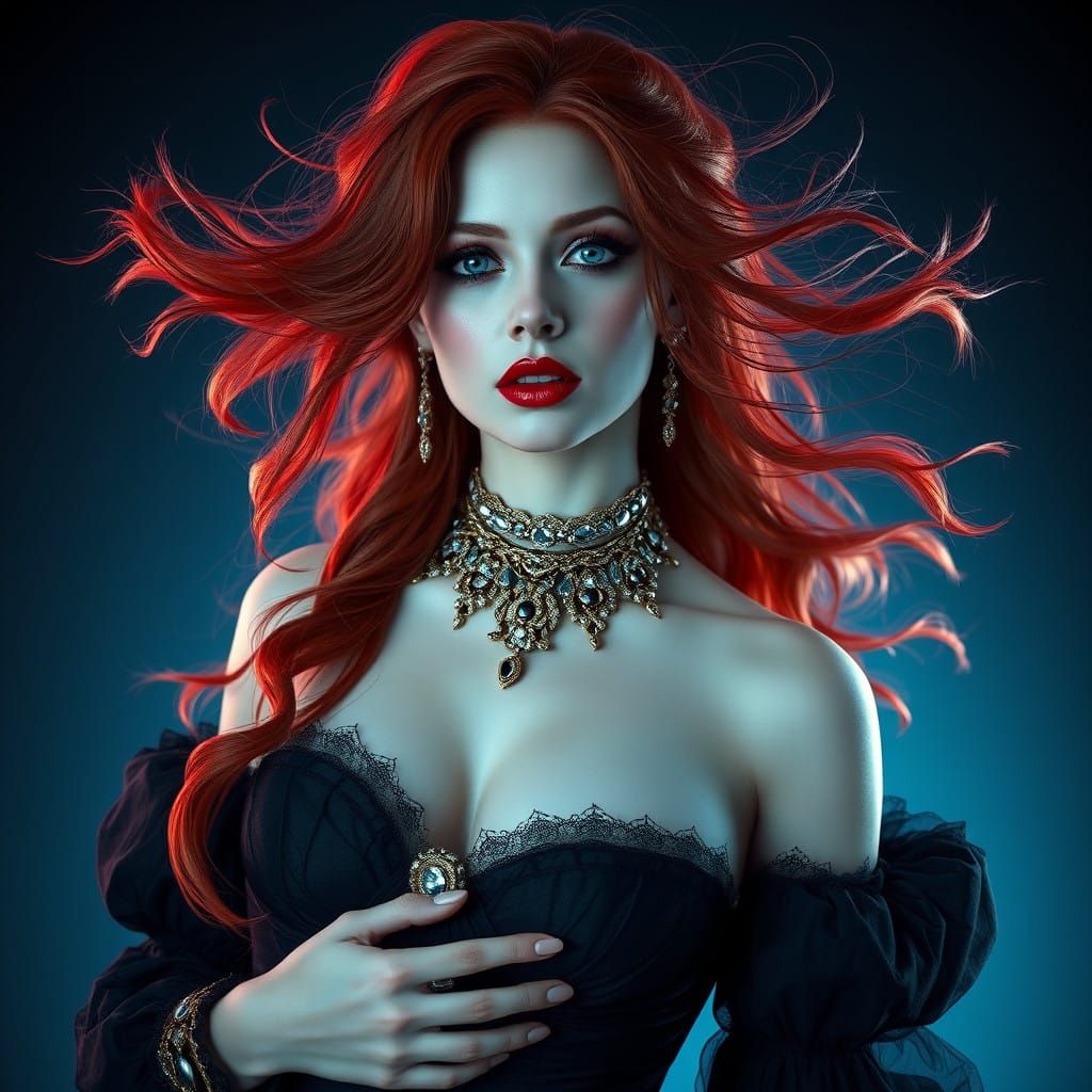 Mysterious Red-Haired Queen of the Underworld in Gothic Fant...