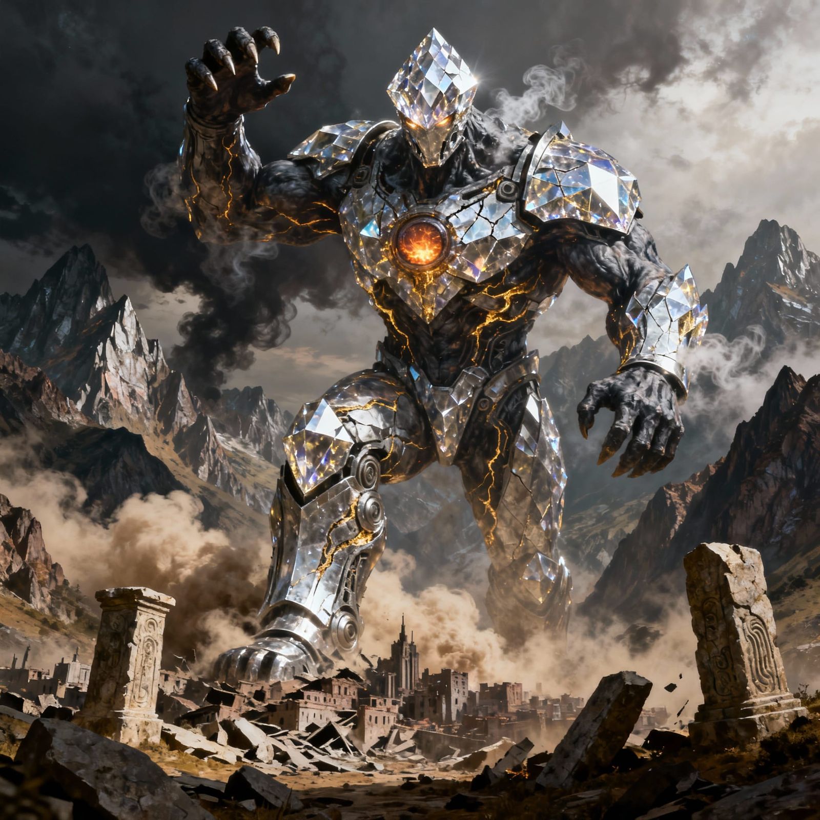 Colossal Diamond Giant Towers Over Mountains in Epic Fantasy...