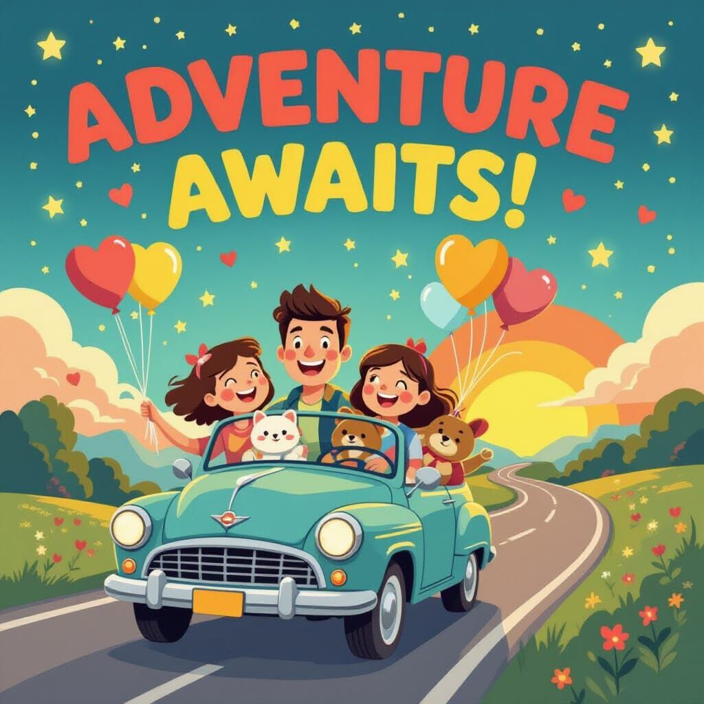 Family Road Trip to Adventure, Illustrated Style
