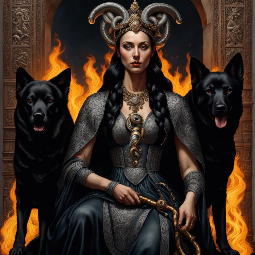 Hyperrealistic Hecate Portrait with Dogs and Torches