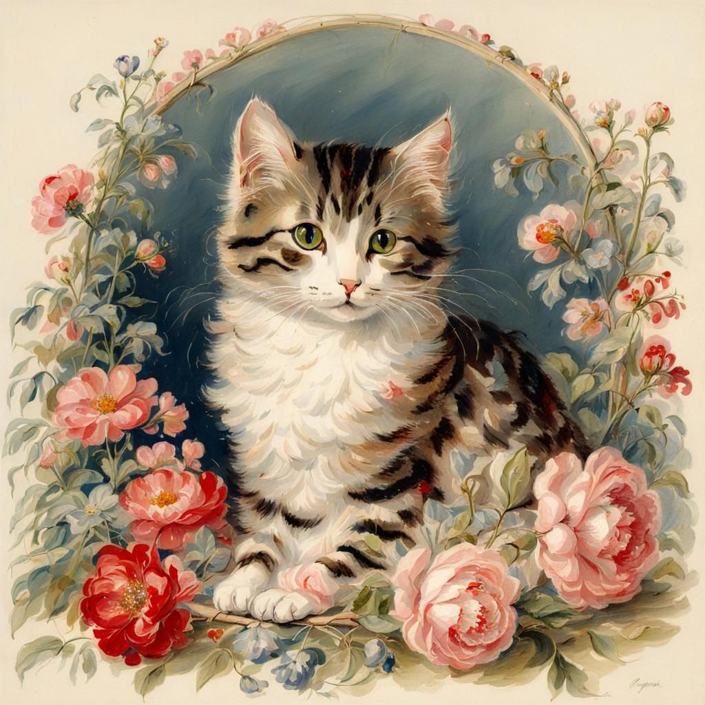 Cute Cat Amongst Flowers, Garthwaite Style