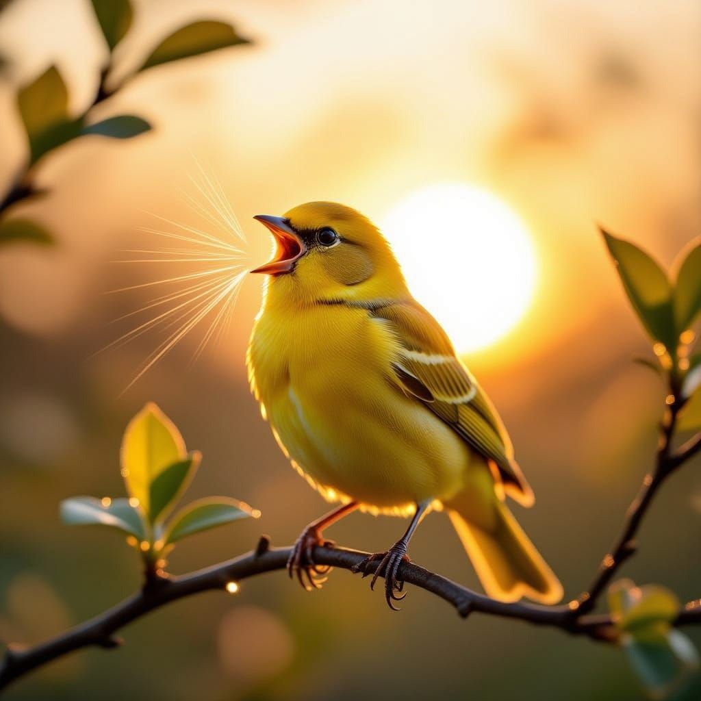Yellow Canary Sings at Sunrise in Hyperrealistic Photo