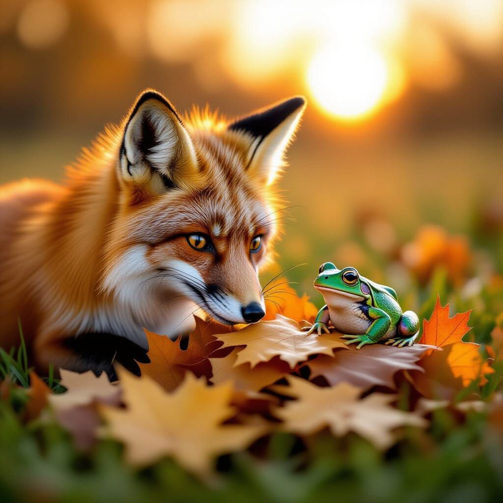 Mischievous Fox Plays in Autumn Leaves at Sunset