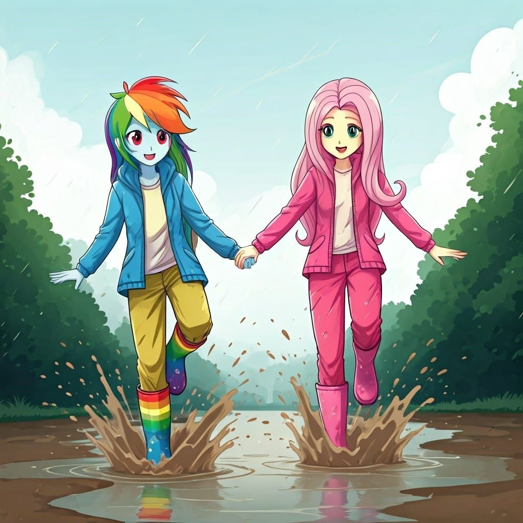 Rainbow Dash and Fluttershy Jumping in Muddy Puddles
