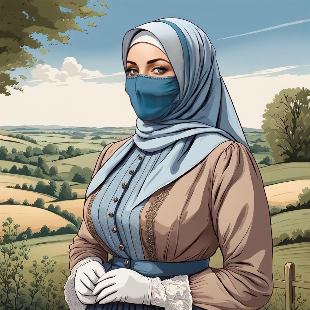 Victorian Woman with Hijab in Comic Book Style