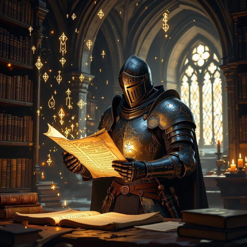 Knight Discovering Magical Scroll in Gothic Library