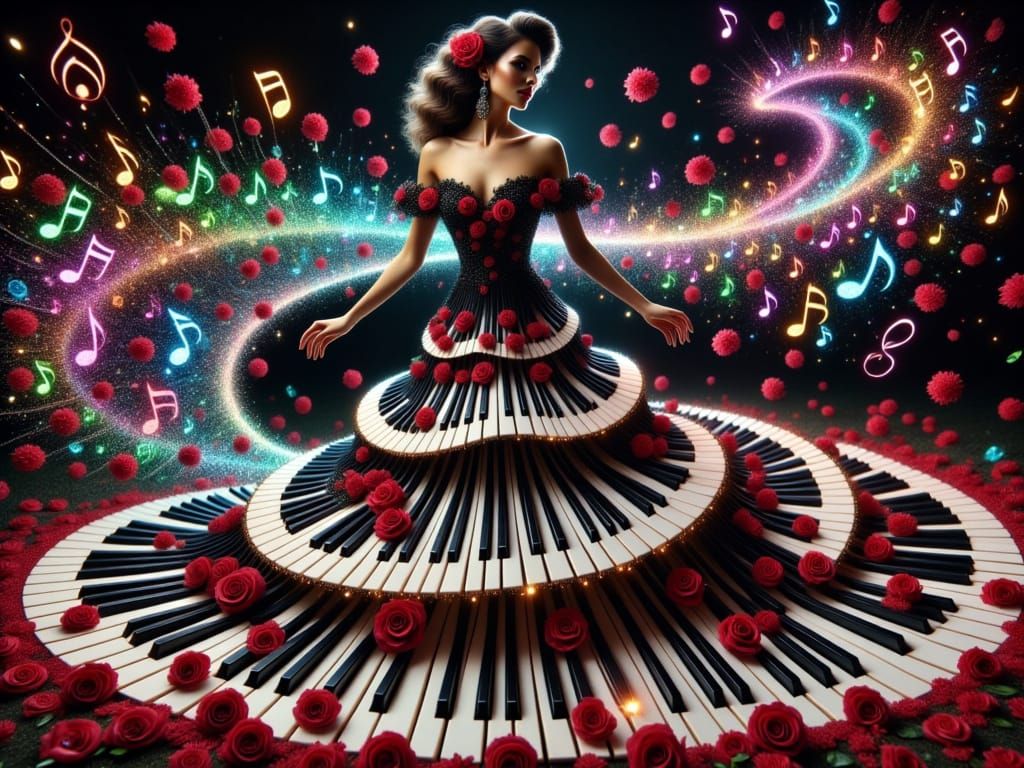 Ethereal Spanish Flamenco Dancer in Glittering Piano Dress w...