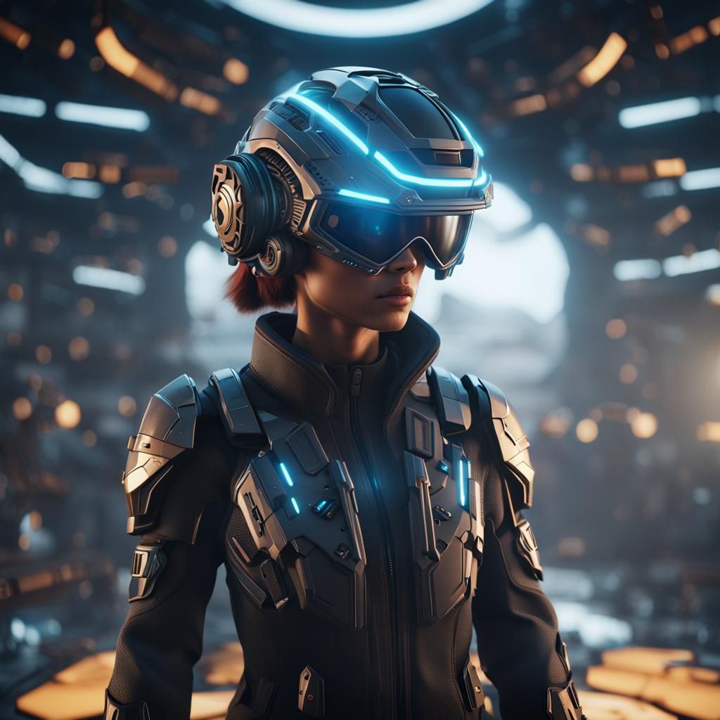 Woman with Futuristic Helmet in 3D Cinematic Style