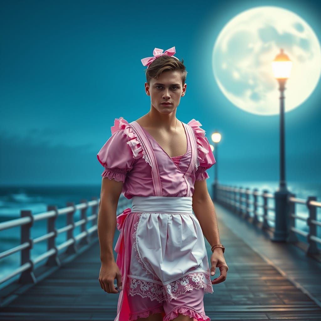 Confident Young Man in Frilly Maid Outfit