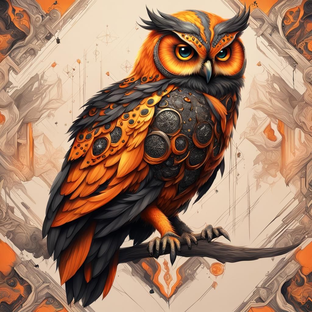 orange owl with black diamonds. black tip feathers. calligraphy