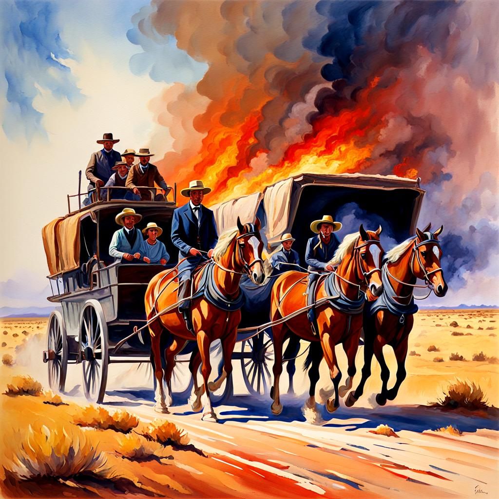 Wagons in a Firestorm: Impressionist Gouache Watercolor