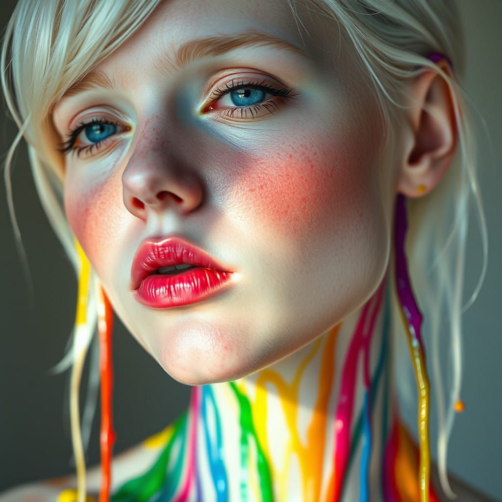Hyper-Realistic Albino Portrait in Viscous Rainbow Colors