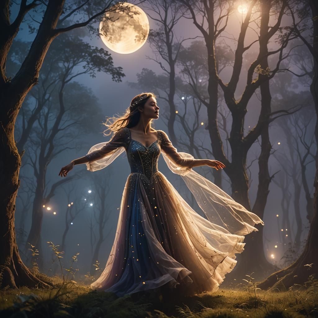 Woman Dancing in Misty Moonlight Forest Clearing